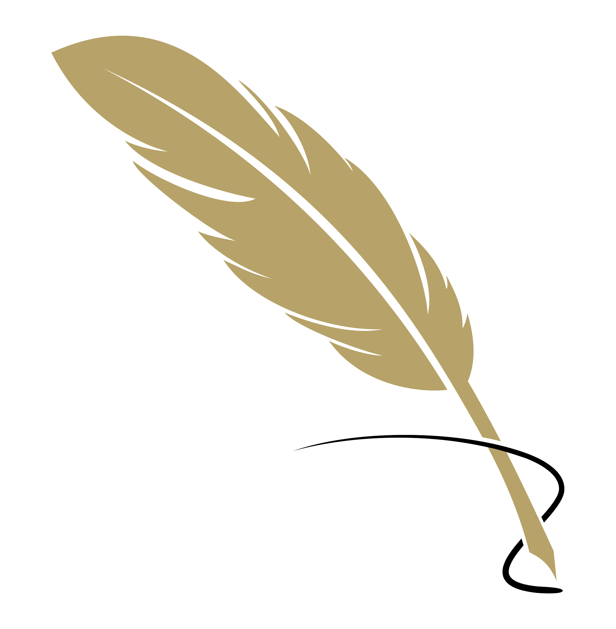 gold quill logo with black ink swirl